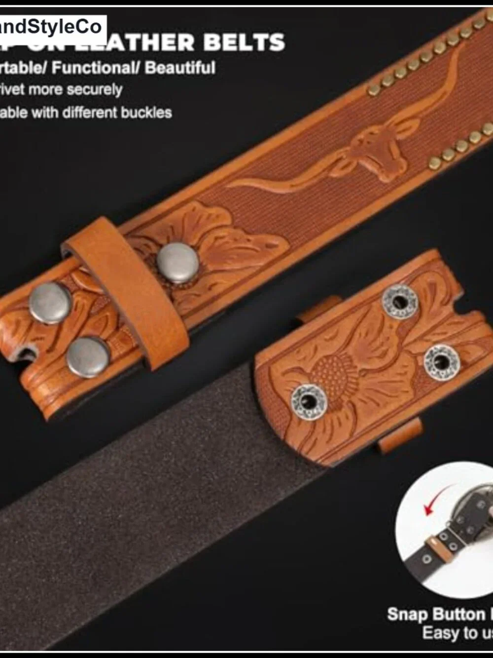Western PU Leather Belt Strap with Carved Patterns, Interchangeable Buckle, for